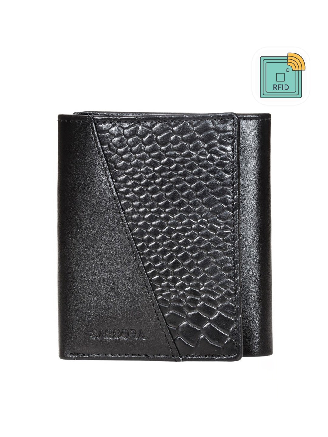 

Sassora Men Textured Leather Three Fold Wallet, Black