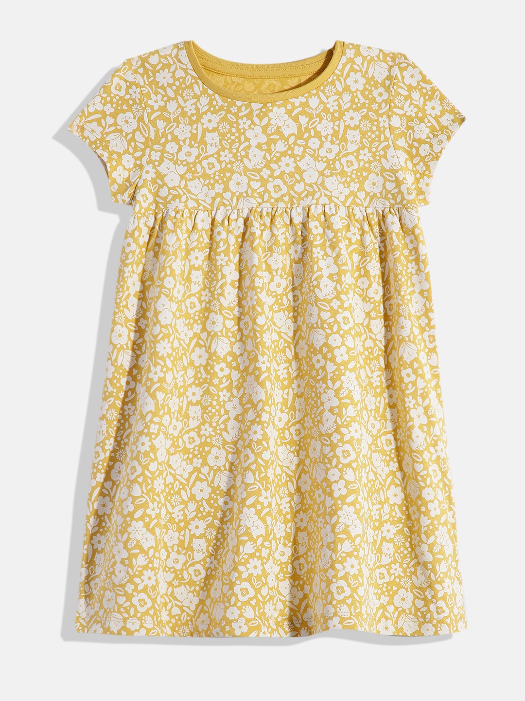 

mothercare Floral Print Gathered Waist Fit & Flare Knitted Dress, Yellow