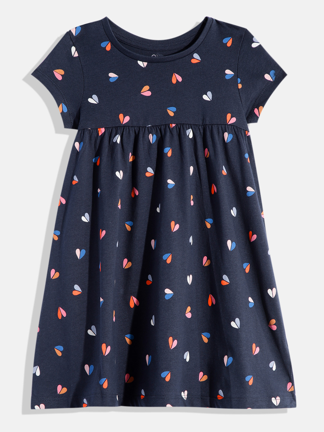 

mothercare Hearts Printed Gathered Waist Fit & Flare Knitted Dress, Navy blue