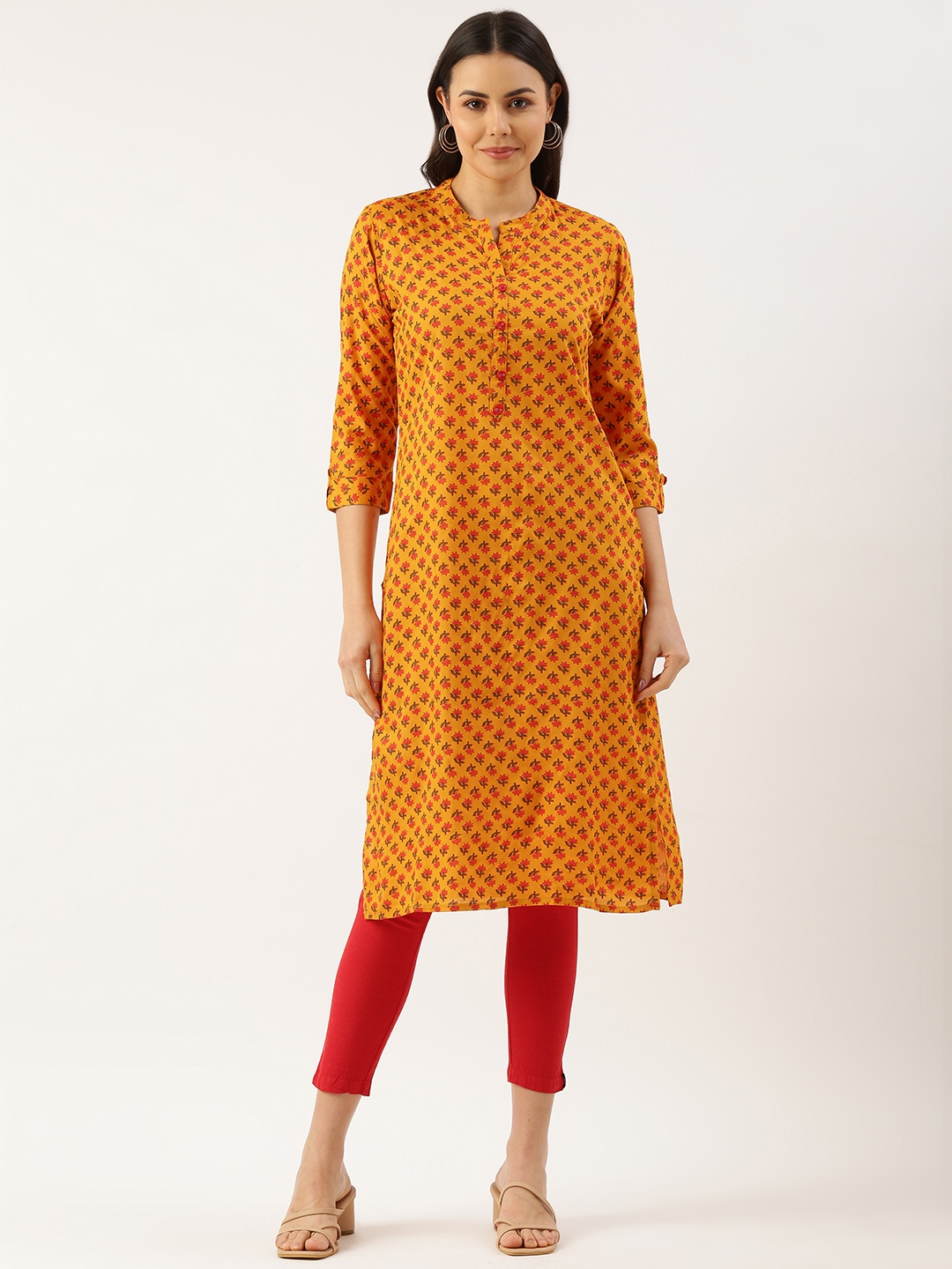 

RACHNA Floral Printed Straight Kurta, Mustard