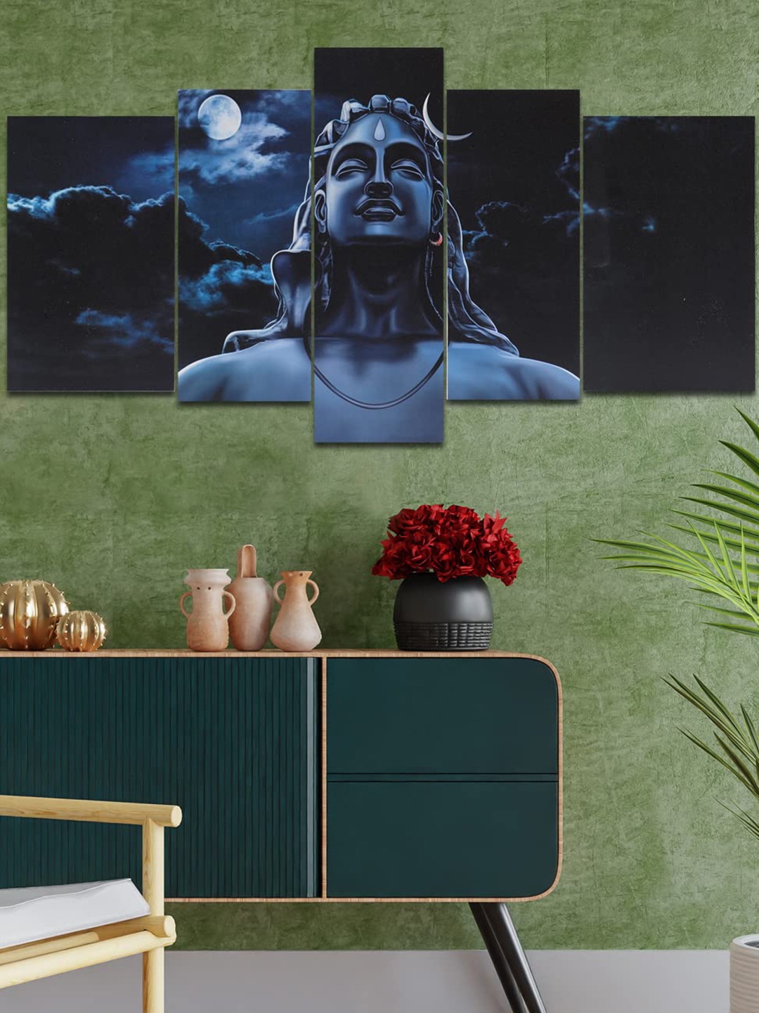 Perpetual Black & Blue 5-Pieces Adiyogi Painting Wall Art