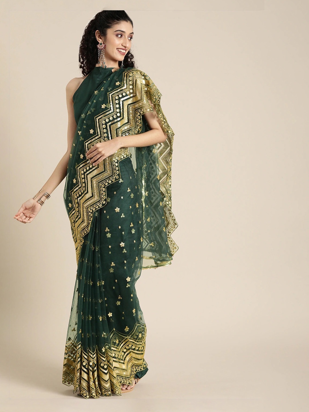 

Fashion Basket Embellished Sequinned Net Saree, Green