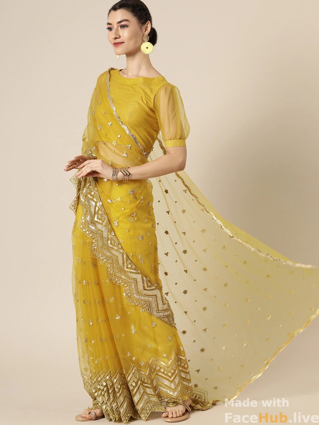 

Fashion Basket Embellished Sequinned Net Saree, Yellow