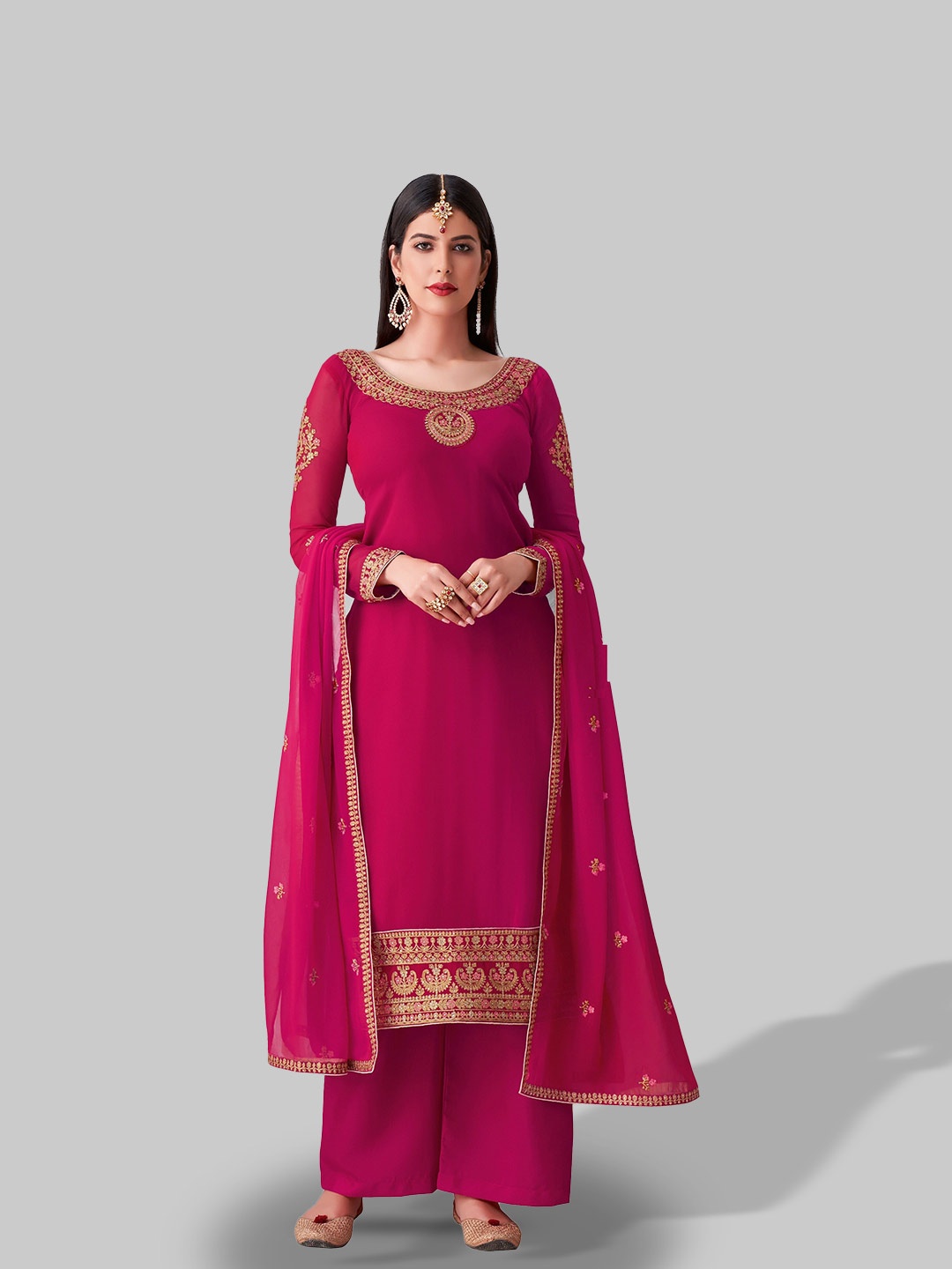 Fashion Basket Embroidered Semi-Stitched Dress Material, Pink