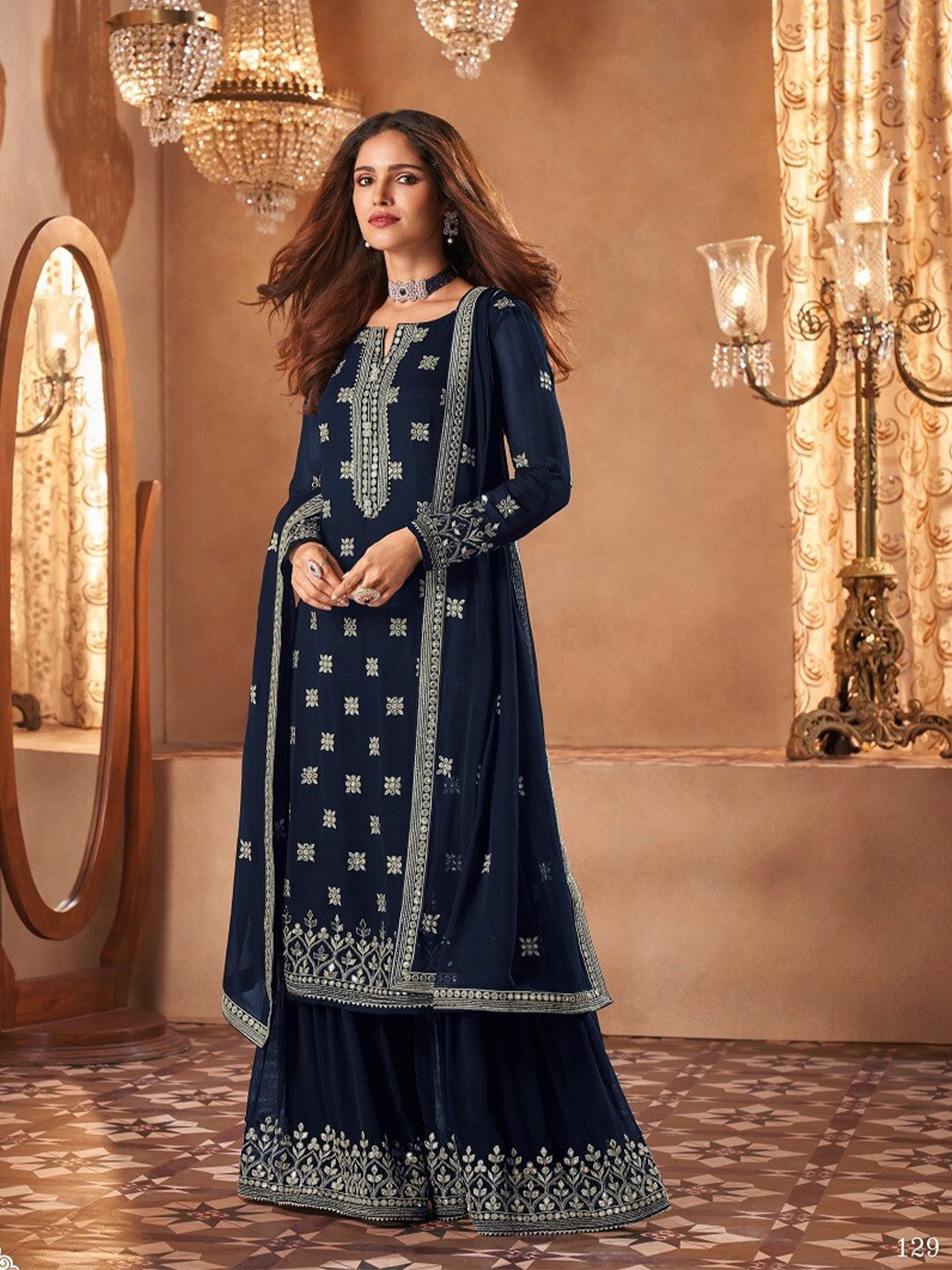 

Fashion Basket Embroidered Semi-Stitched Dress Material, Navy blue