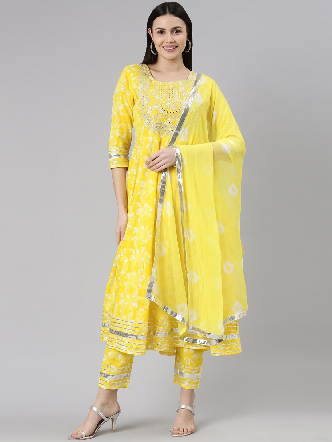 

ERISHA Floral Embroidered Gotta Patti Kurta with Trousers & Dupatta, Yellow