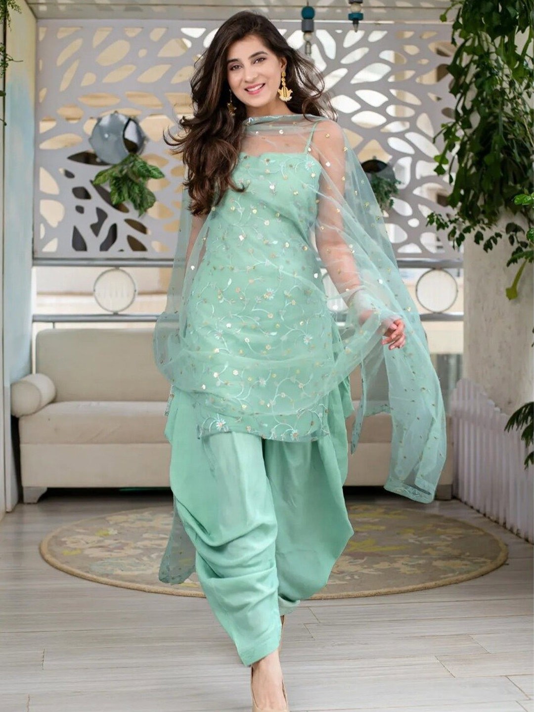 

Fashion Basket Embroidered Semi-Stitched Dress Material, Sea green