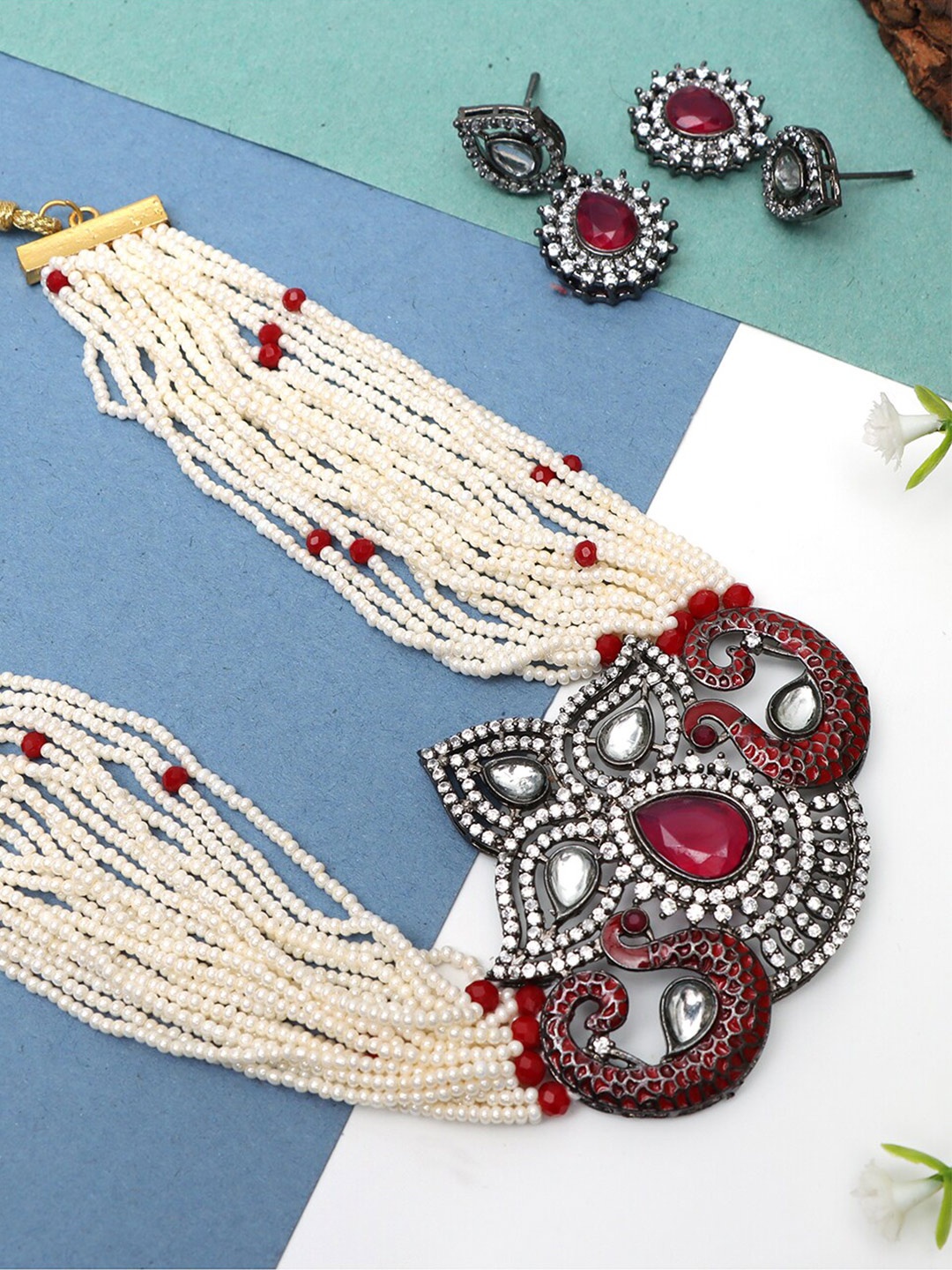 

Ozanoo Brass-Plated AD & CZ Studded Choker Necklace, Maroon