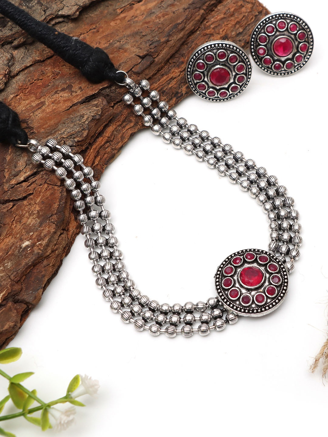 

Ozanoo Oxidised Stone Ball Choker Jewellery Set, Red