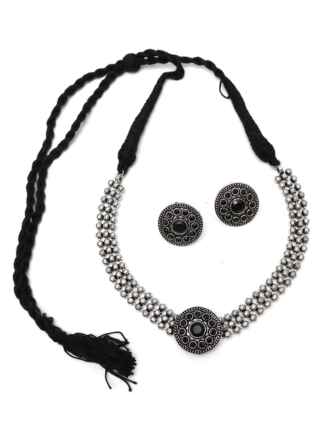 

Ozanoo Brass Silver-Plated Choker Necklace & Earrings Set, Black
