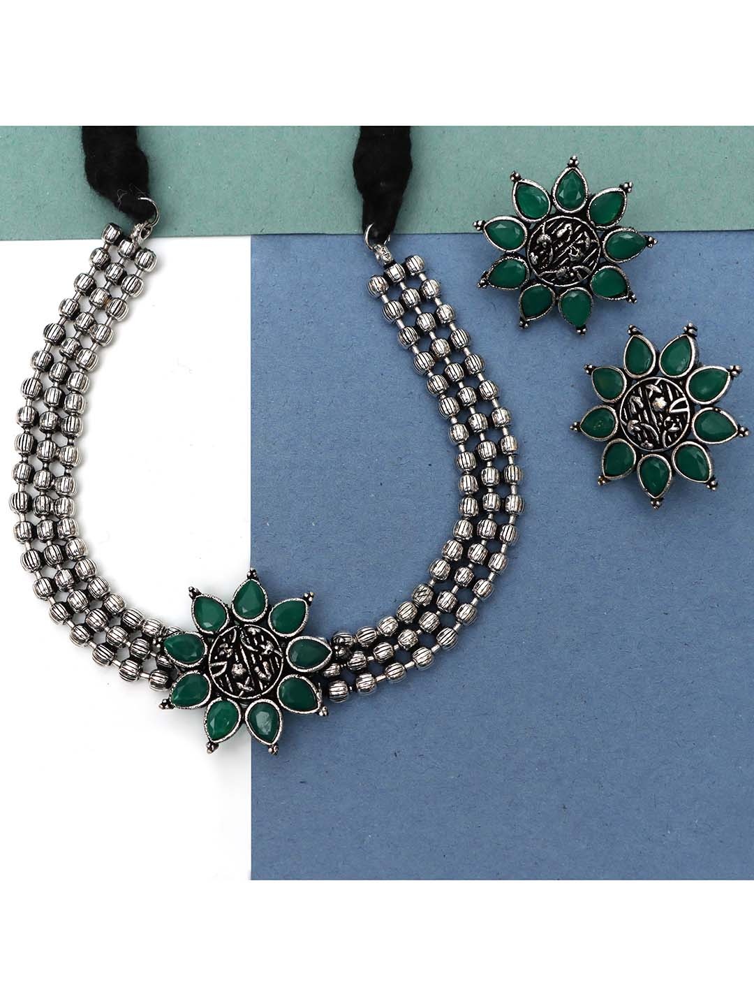 

Ozanoo Green Brass Silver-Plated Oxidised Necklace with Earrings