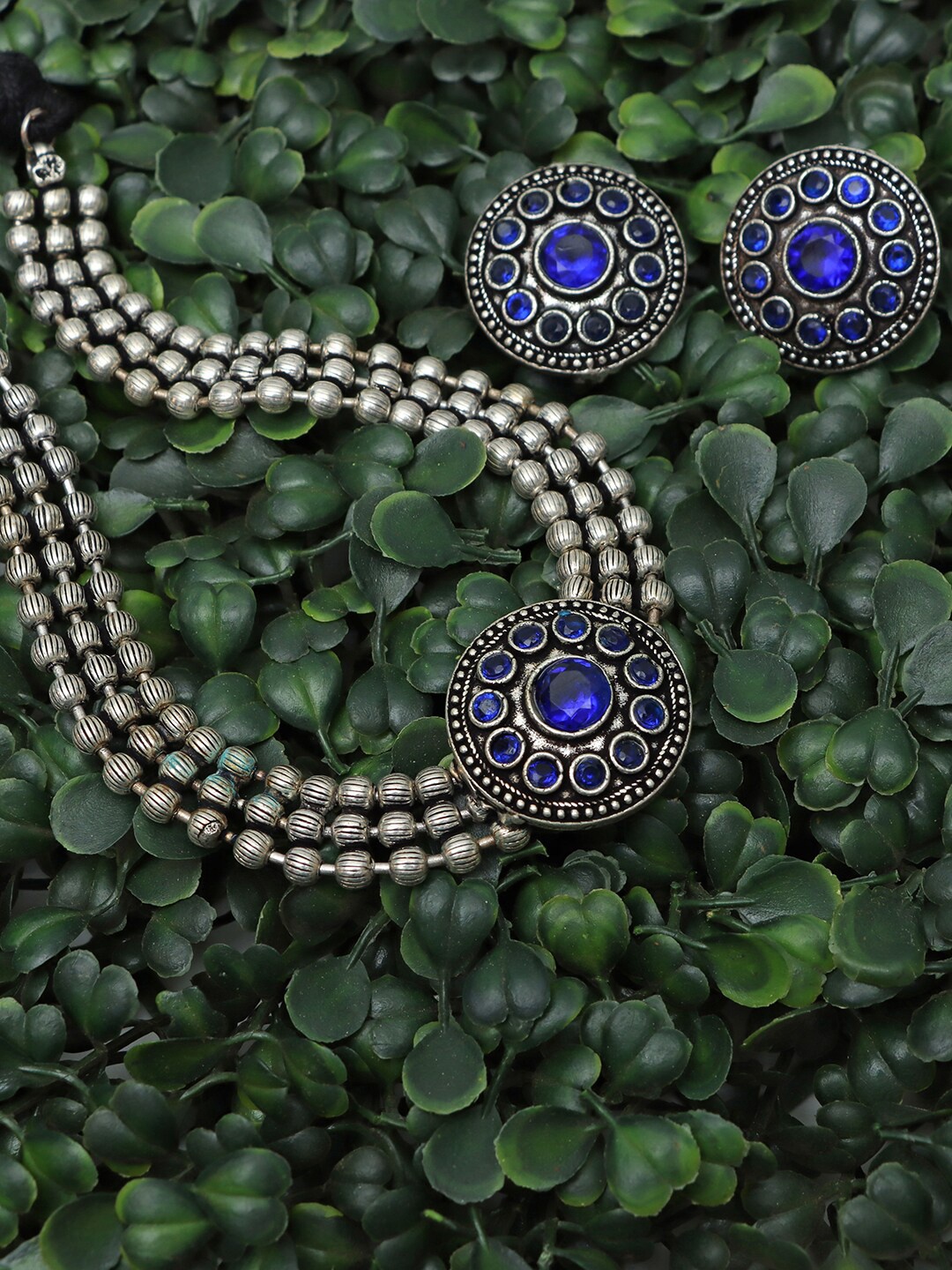 Ozanoo Brass Silver-Plated Choker Necklace & Earrings Set, Blue
