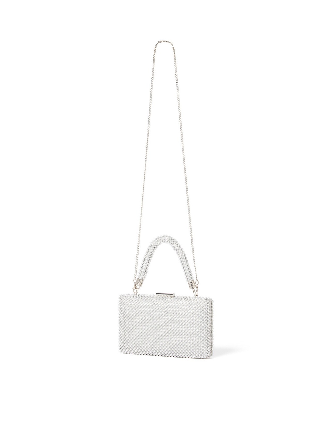 

Forever New Embellished Pearl Bradded Shoulder Strap Box Clutch, White