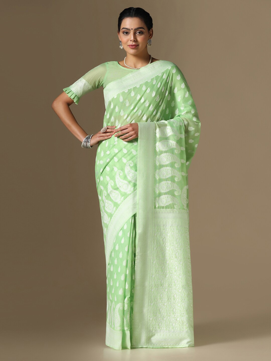 

Satrani Woven Design Zari Banarasi Saree, Green