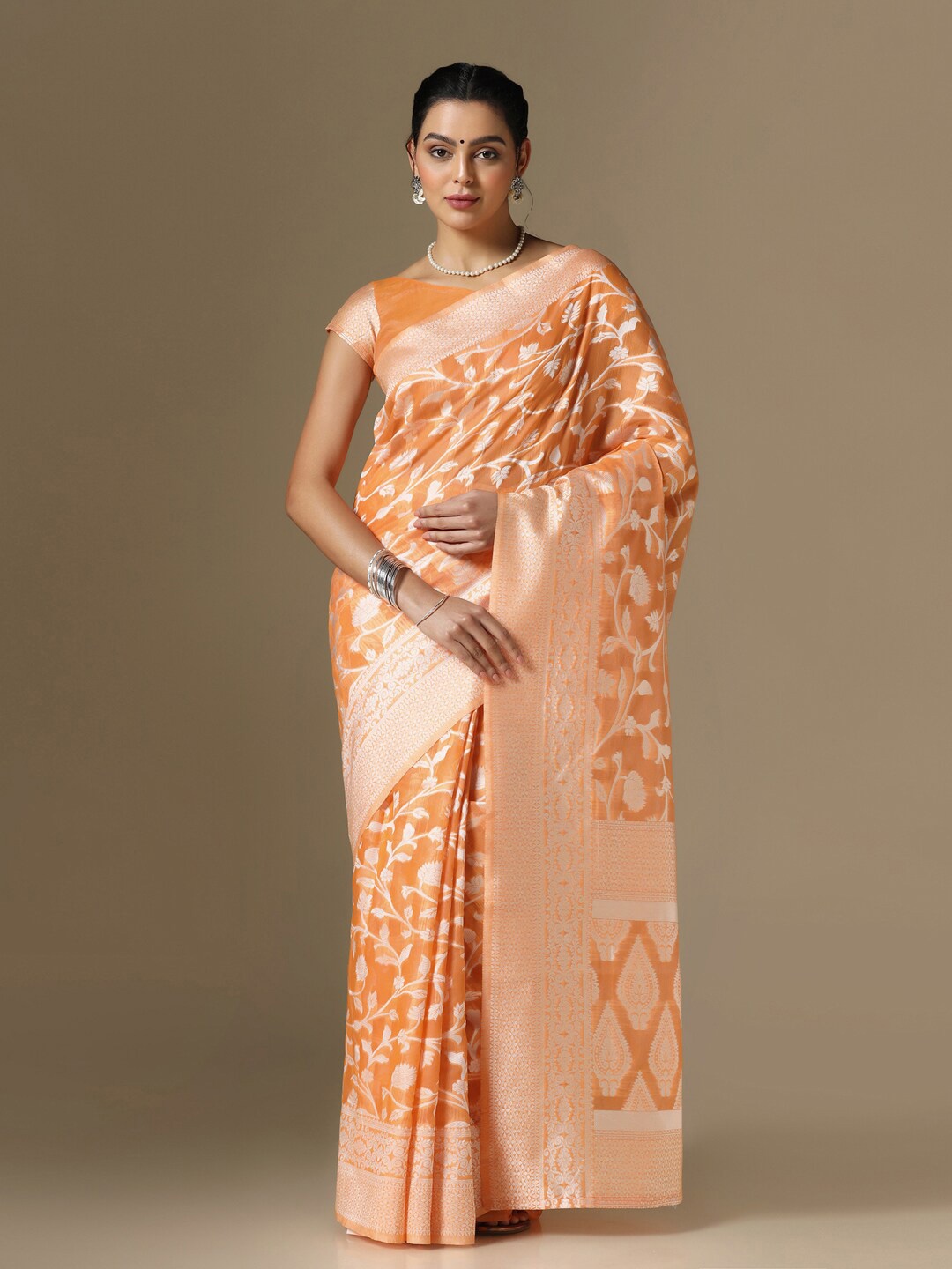 

Satrani Woven Design Zari Banarasi Saree, Orange