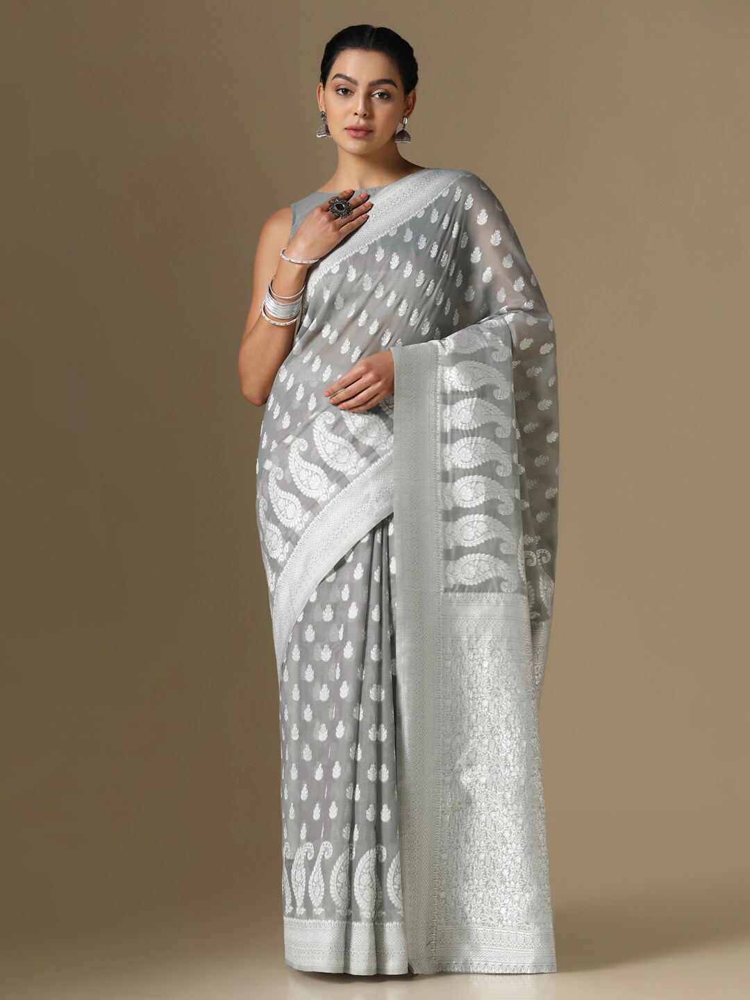 

Satrani Paisley Zari Banarasi Saree, Grey