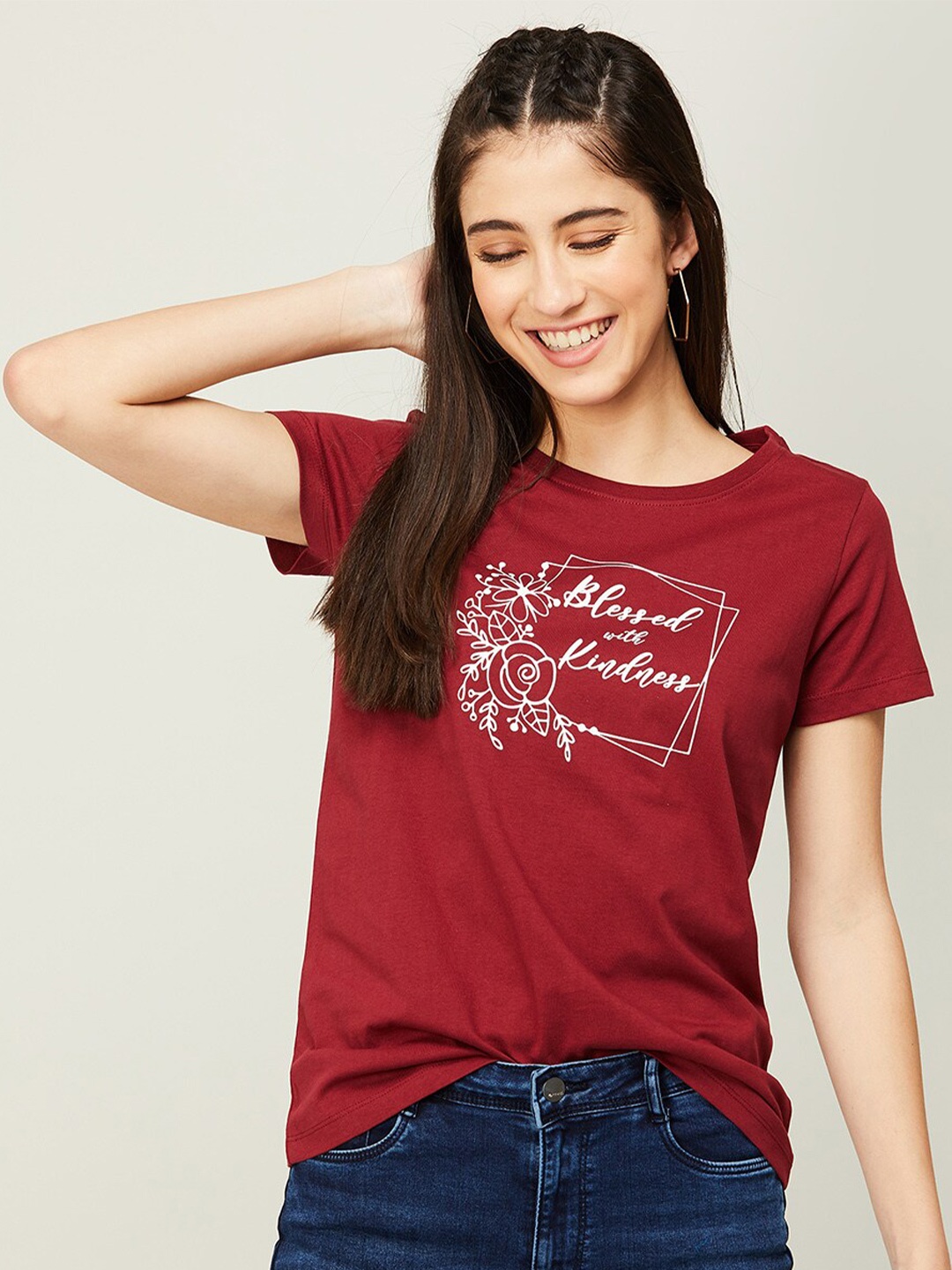 

Fame Forever by Lifestyle Round Neck Typography Printed Cotton T-shirt, Maroon