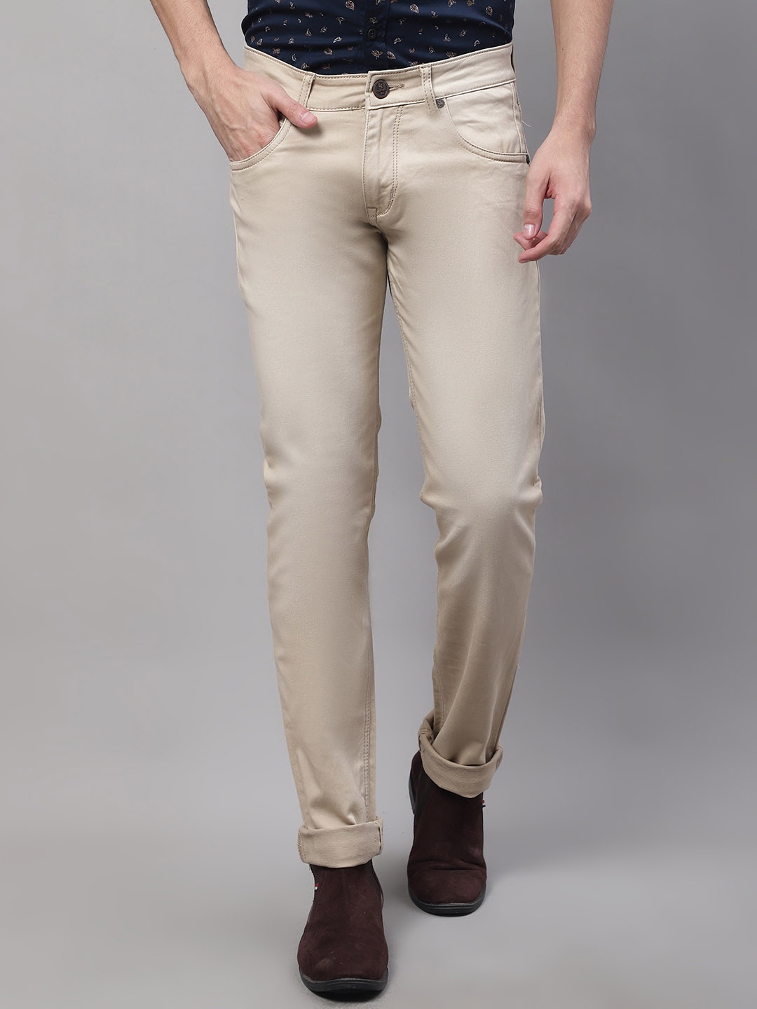Cantabil Men Stretchable Regular Cotton Jeans, Beige