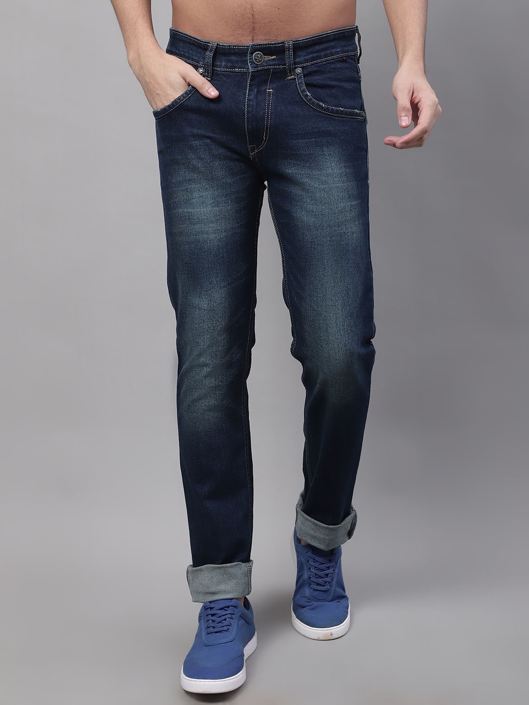 

Cantabil Men Light Fade Mid Rise Stretchable Cotton Jeans, Blue