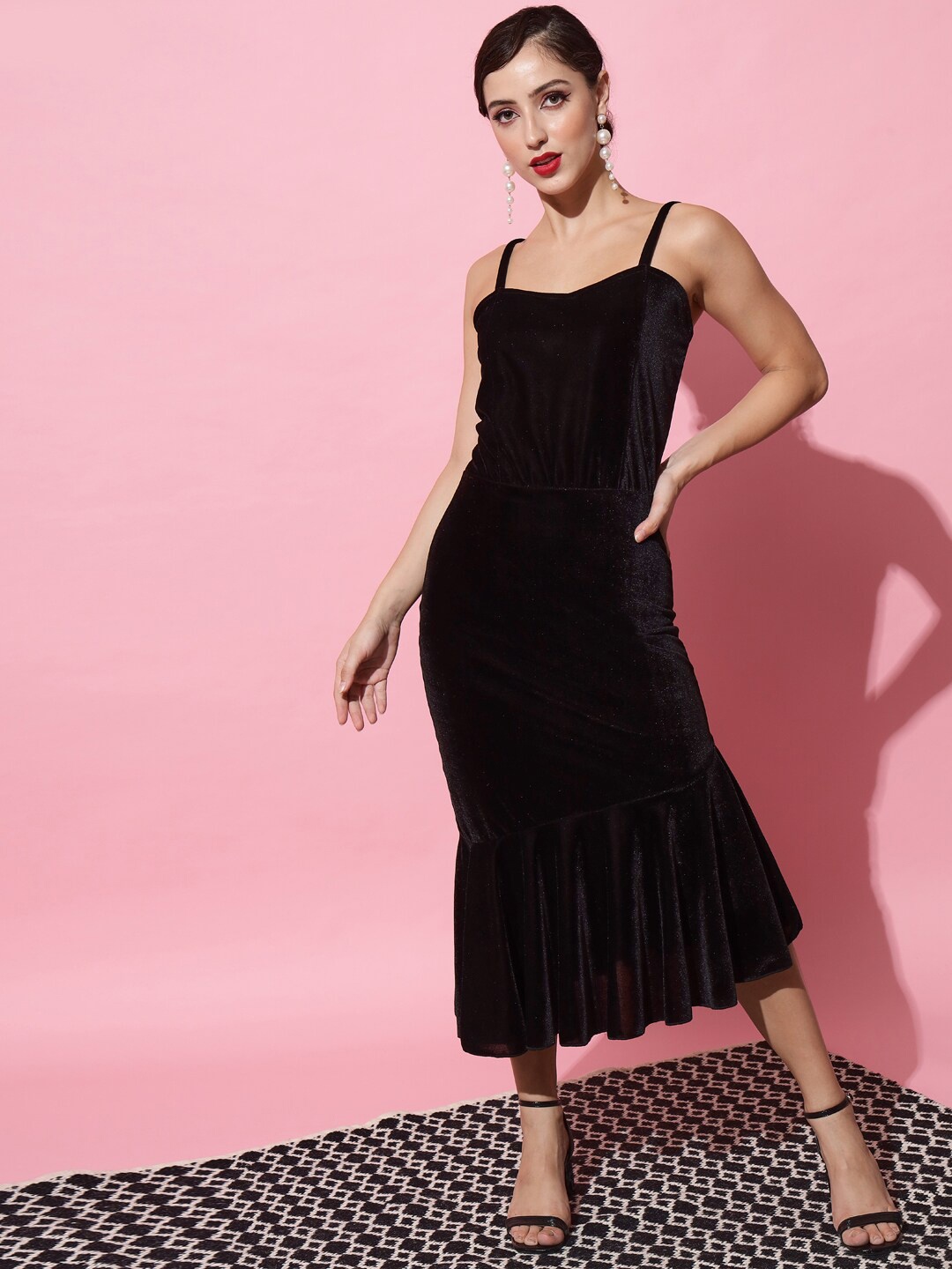 

VAARARO Shoulder Strap Flounce Sheath Midi Dress, Black