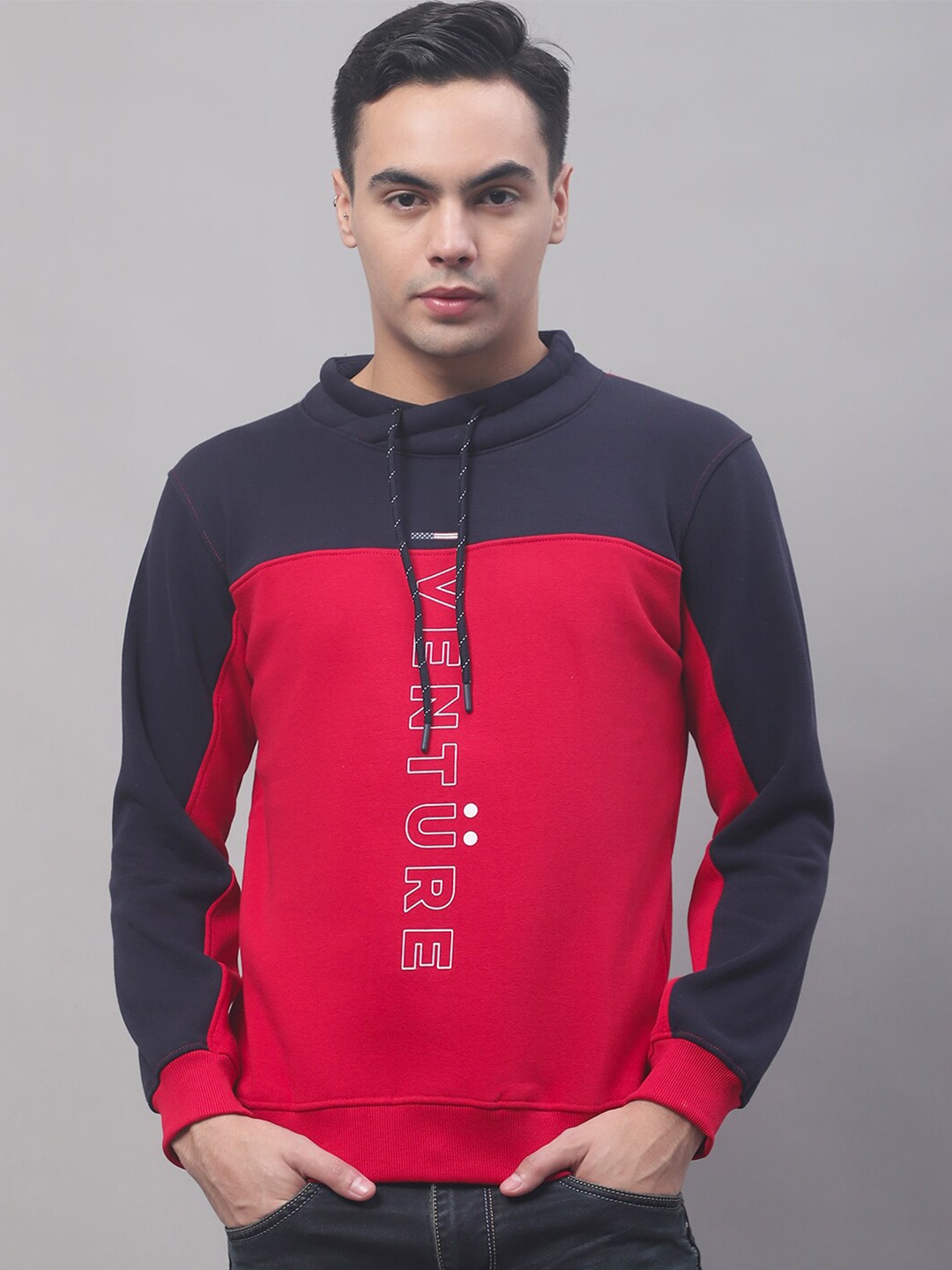 Cantabil Men Colourblocked Fleece Sweatshirt, Red