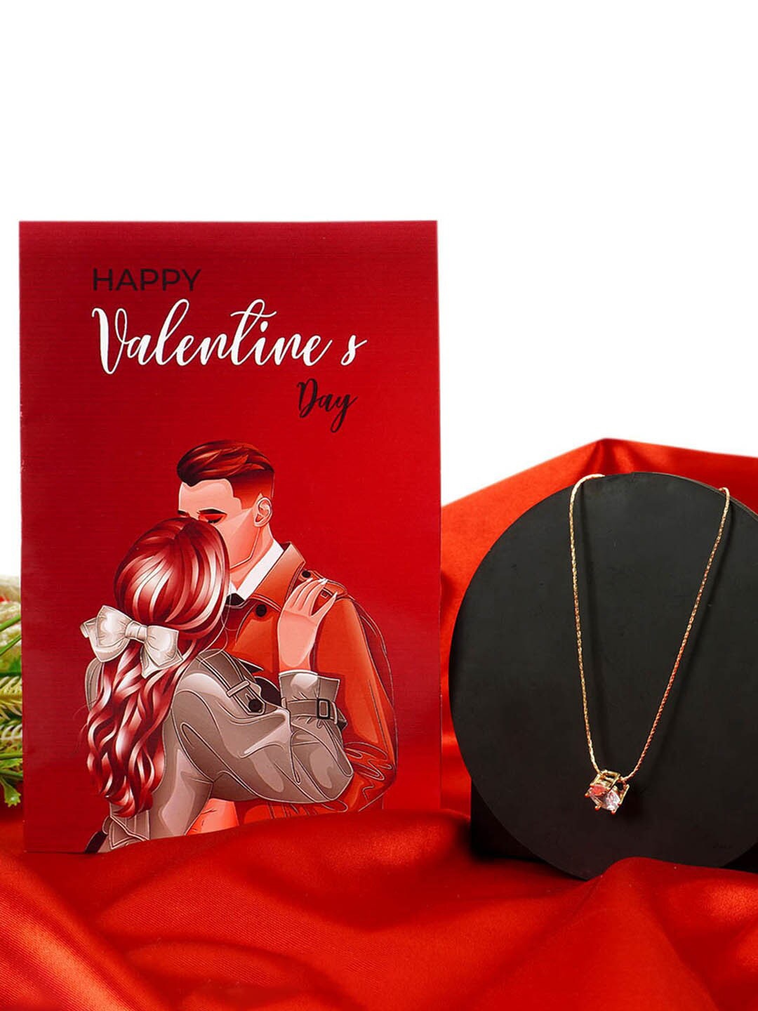 

Ferosh Gold-Plated Stone-Studded Pendant With Chain & Valentine's Day Greeting Card