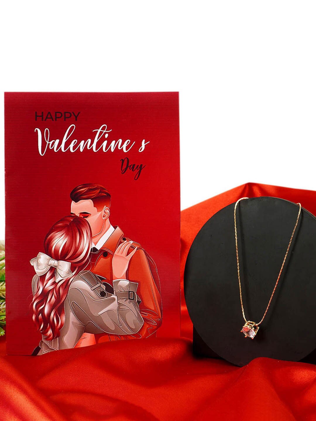 

Ferosh Gold-Plated Stone-Studded Pendant With Chain & Valentine's Day Greeting Card