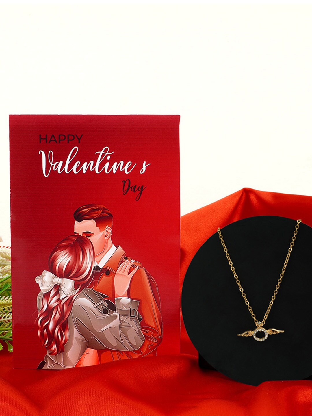 

Ferosh Gold-Plated Stone Studded Pendant With Chain With Valentine's Day Greeting Card
