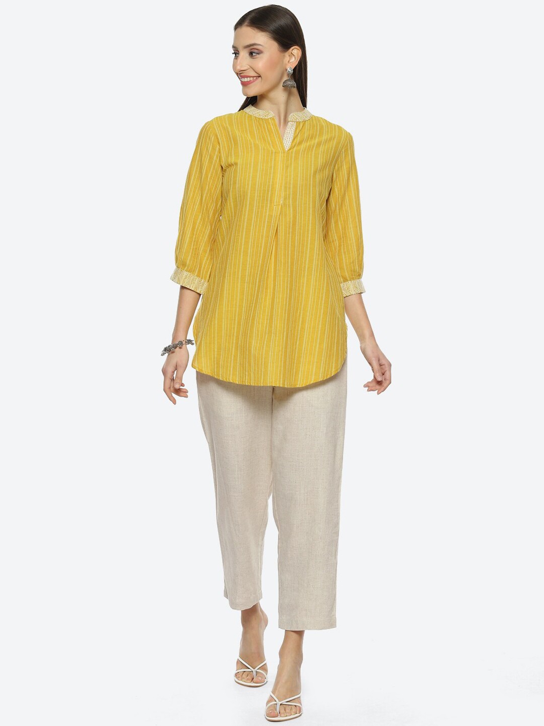 Biba Mandarin Collar Striped Kurti with Trousers, Mustard