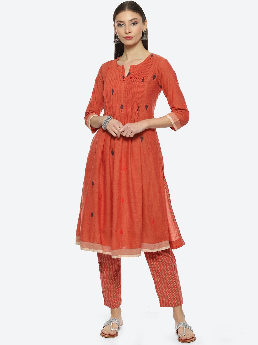 

Biba Notch Neck Pleated Kurta with Trousers, Brown