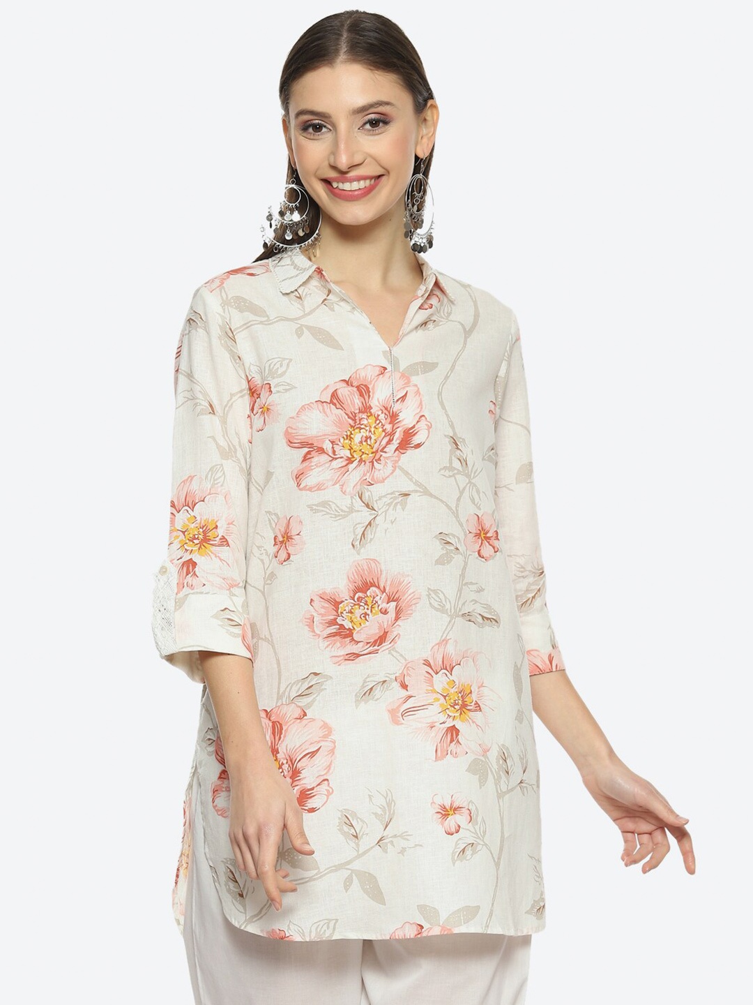 

Biba Women Floral Printed Shirt Collar Kurta, Off white