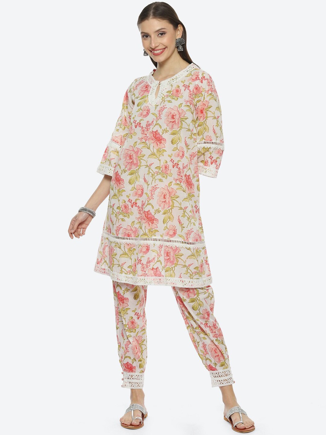 

Biba Floral Printed Kurta with Trousers, Off white