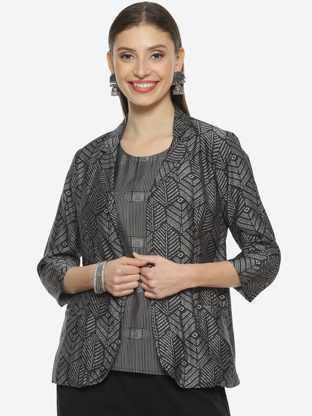 

Biba Women Printed Tailored Jacket, Grey