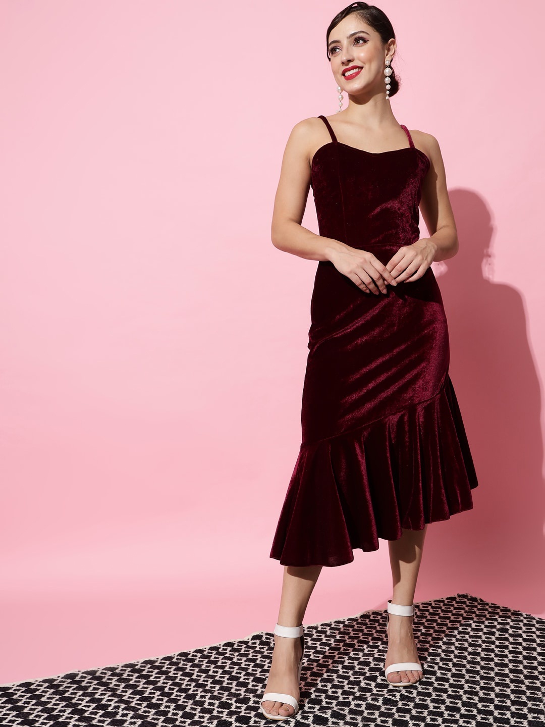 

VAARARO Velvet Sheath Midi Dress, Burgundy