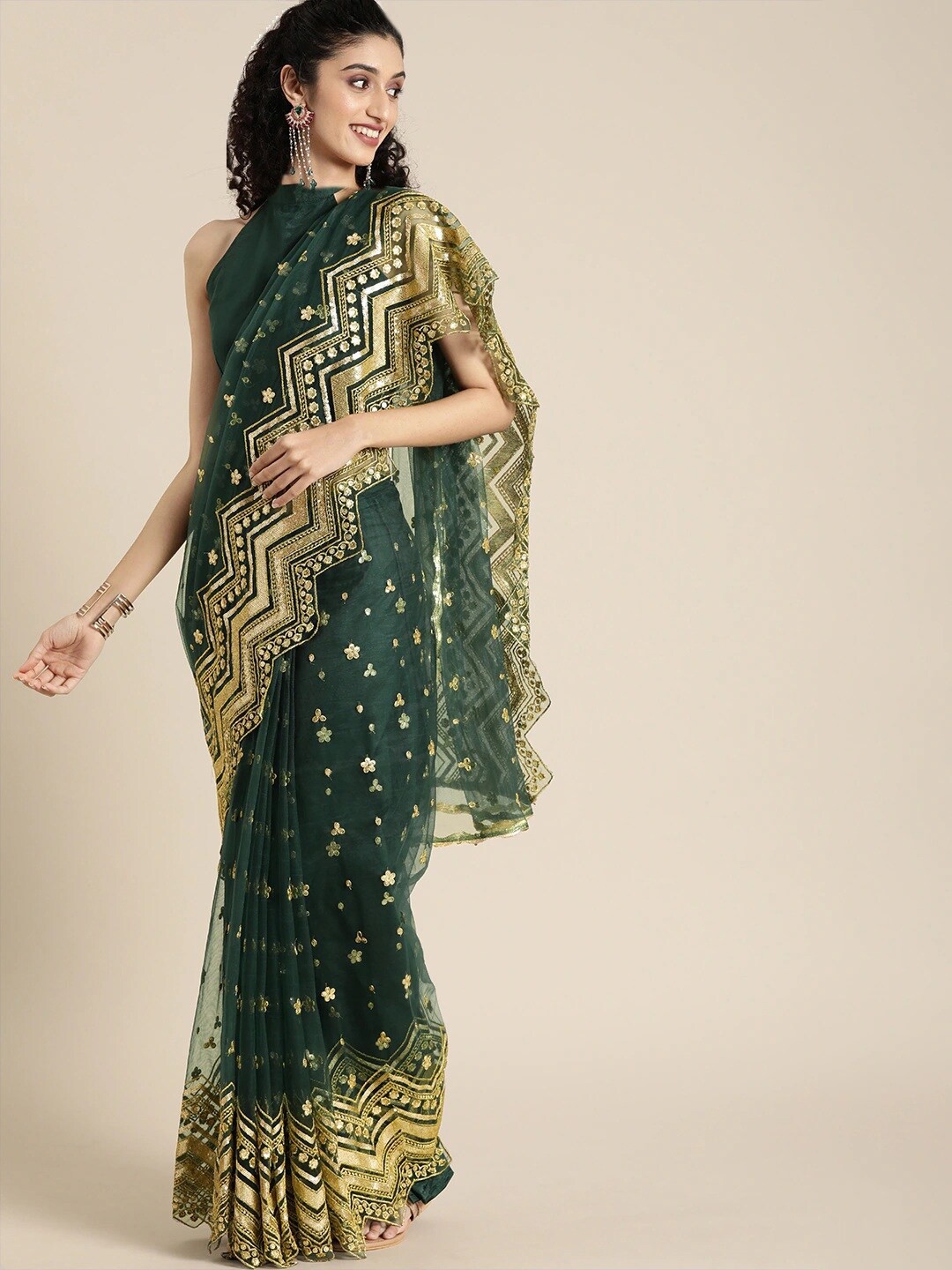 

YOYO Fashion Floral Sequinned Net Saree, Green