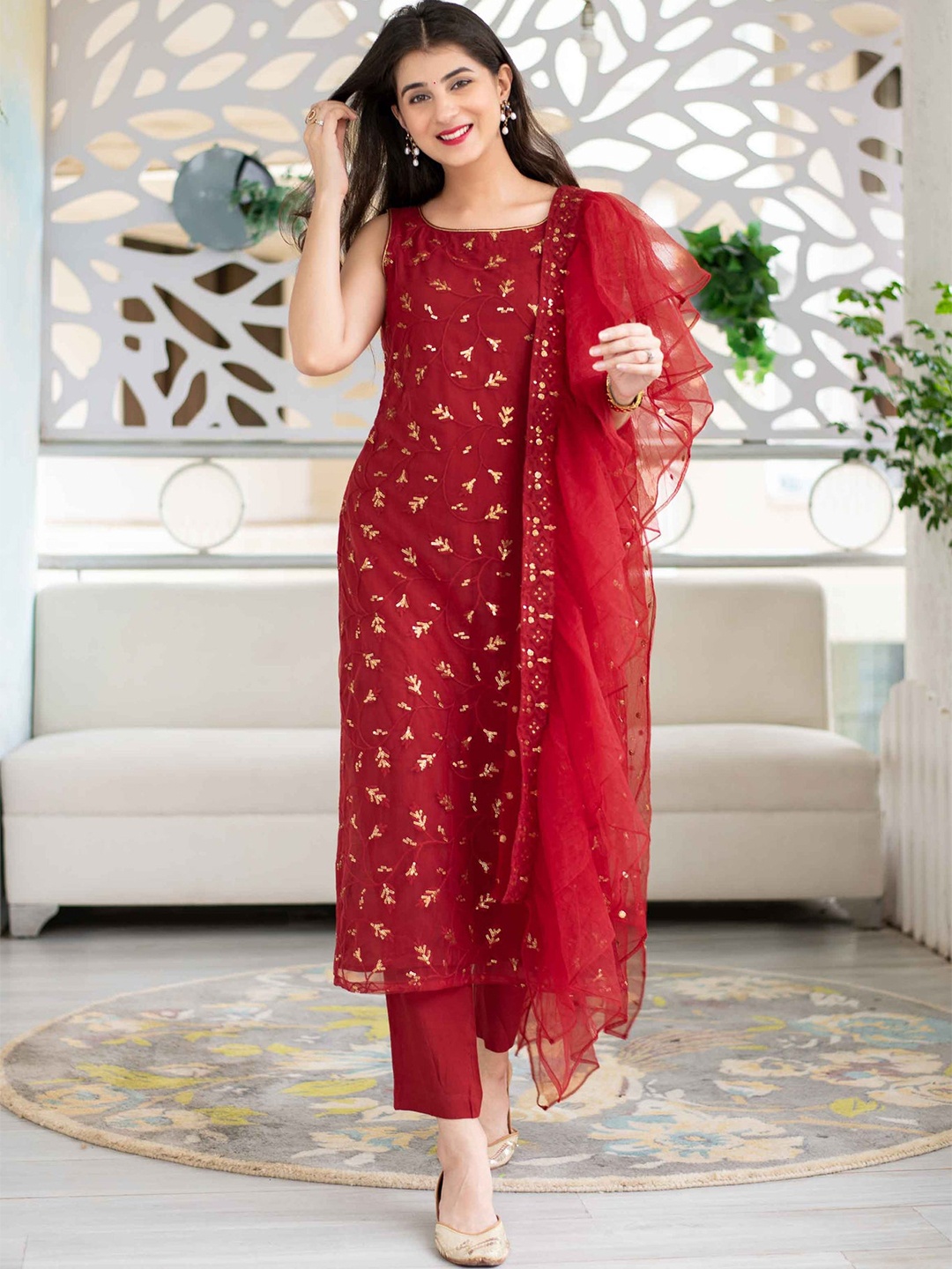 YOYO Fashion Embroidered Semi-Stitched Dress Material, Red