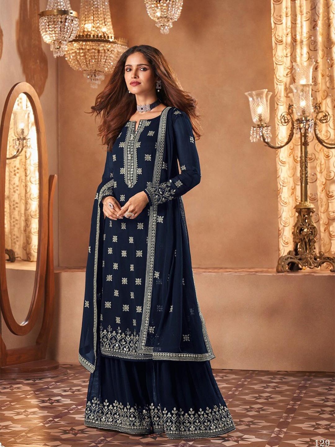 

YOYO Fashion Embroidered Semi-Stitched Dress Material, Navy blue