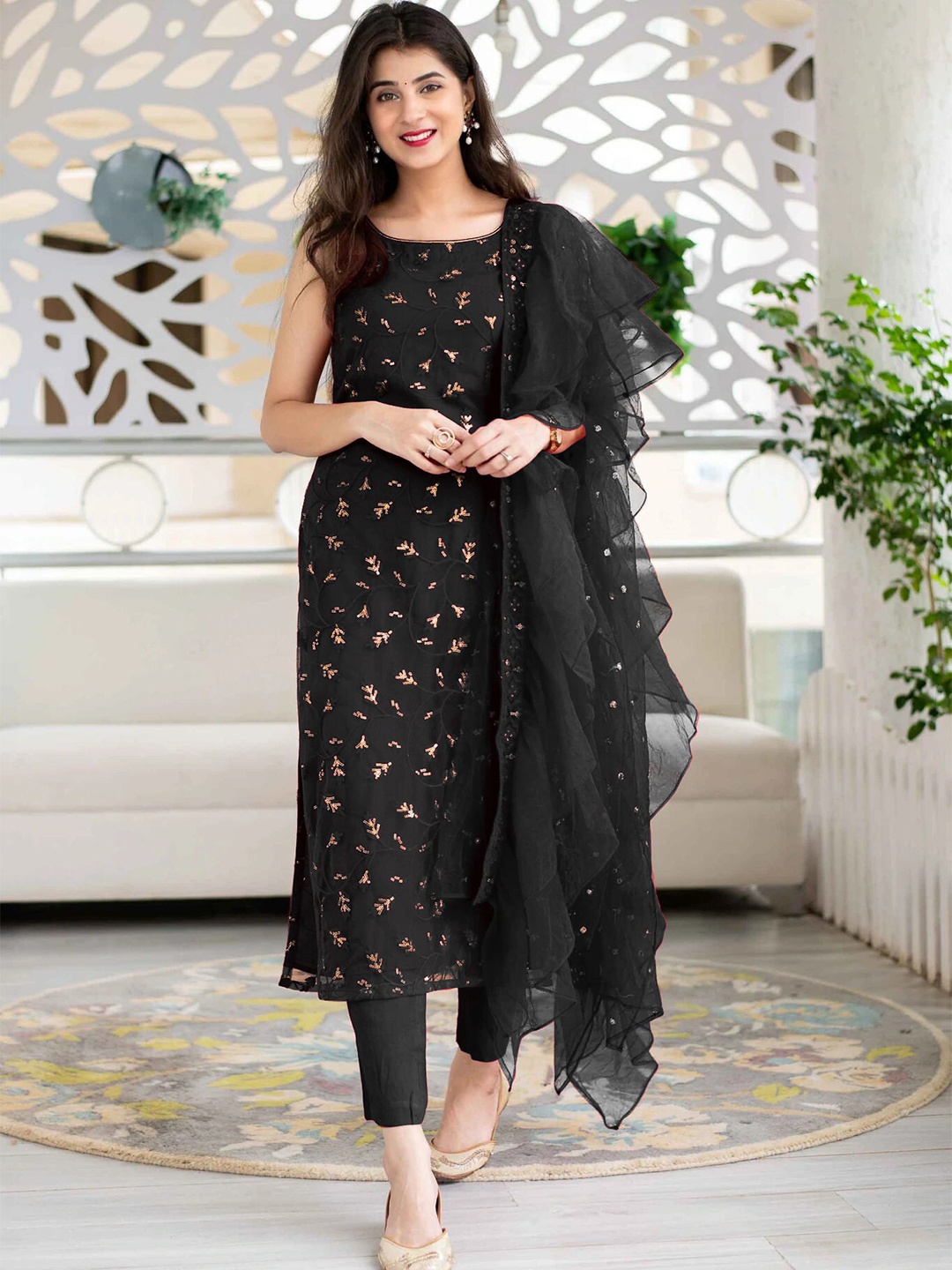 

YOYO Fashion Embroidered Semi-Stitched Dress Material, Black