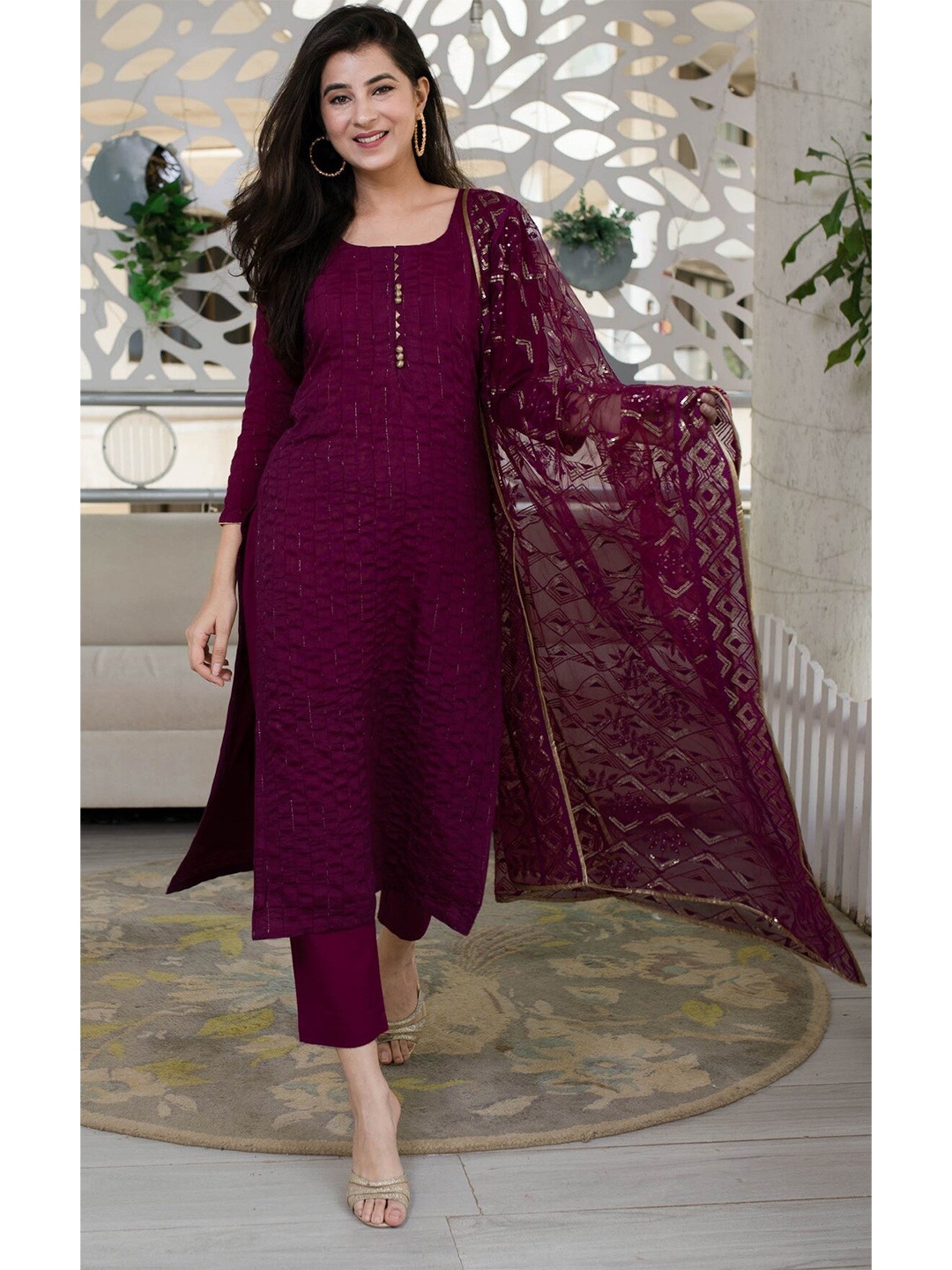 

YOYO Fashion Embroidered Semi-Stitched Dress Material, Purple