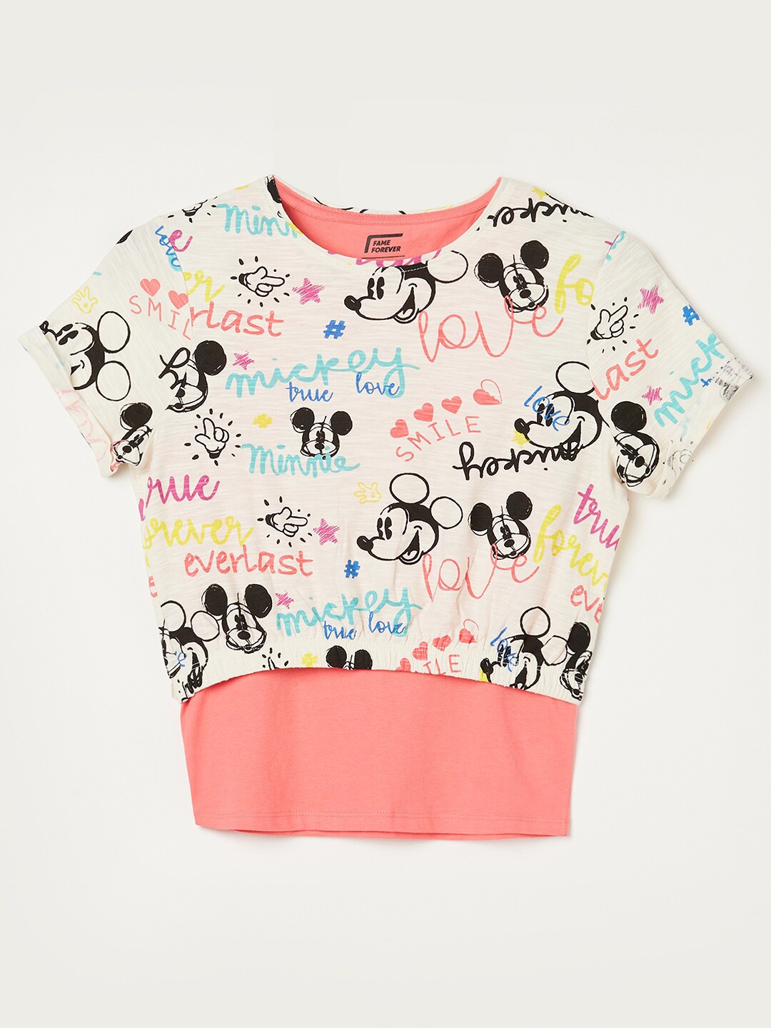

Fame Forever by Lifestyle Girls Mickey Mouse Printed Pure Cotton T-shirt, Cream