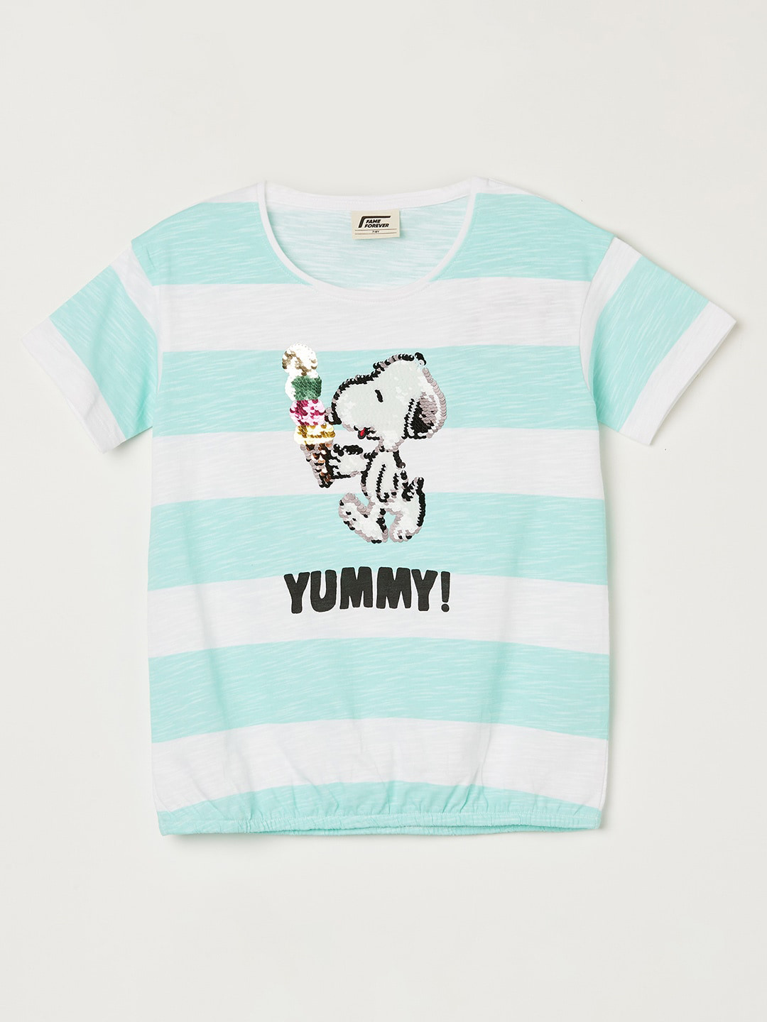 

Fame Forever by Lifestyle Girls Snoopy Striped Pure Cotton Embellished T-shirt, Turquoise blue