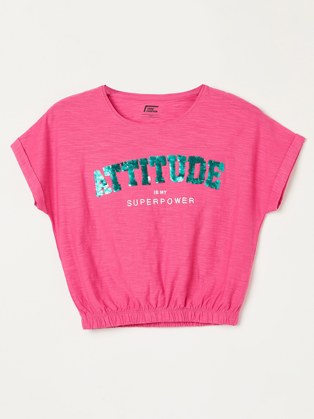 

Fame Forever by Lifestyle Girls Typography Printed Sequinned Cotton T-shirt, Pink