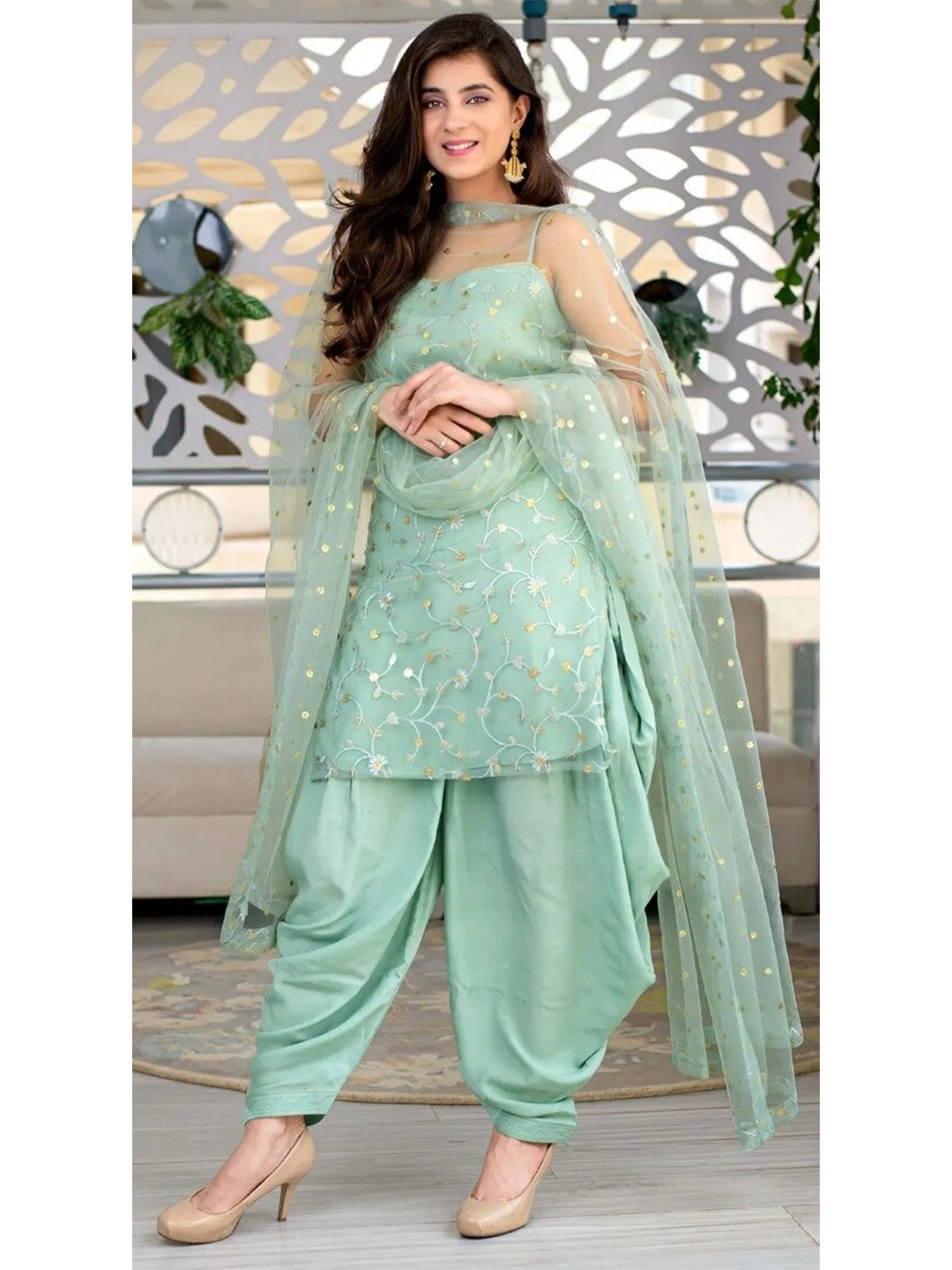 

YOYO Fashion Embroidered Semi-Stitched Dress Material, Green