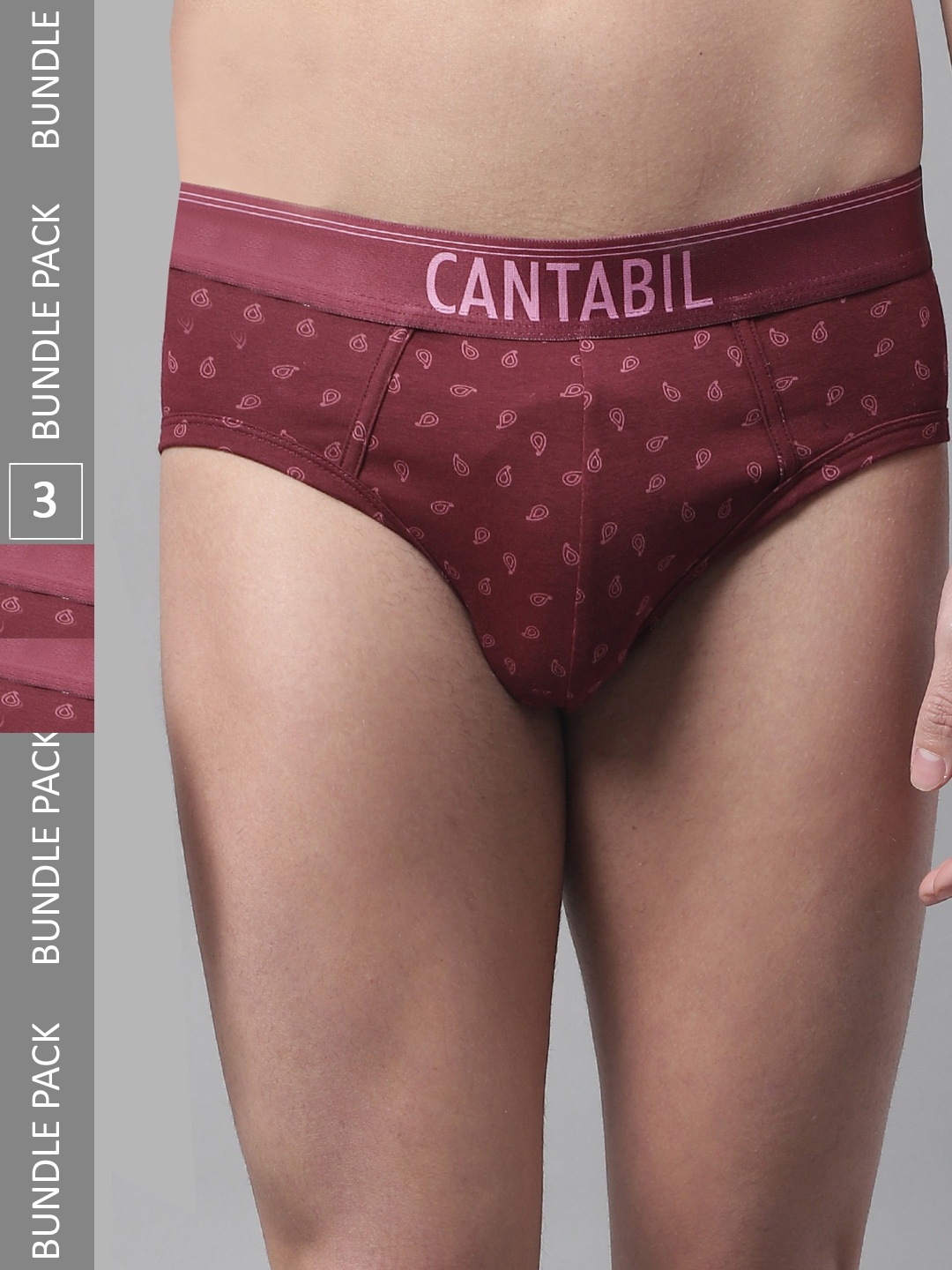 

Cantabil Men Pack Of 3 Low-Rise Printed Cotton Basic Briefs, Maroon