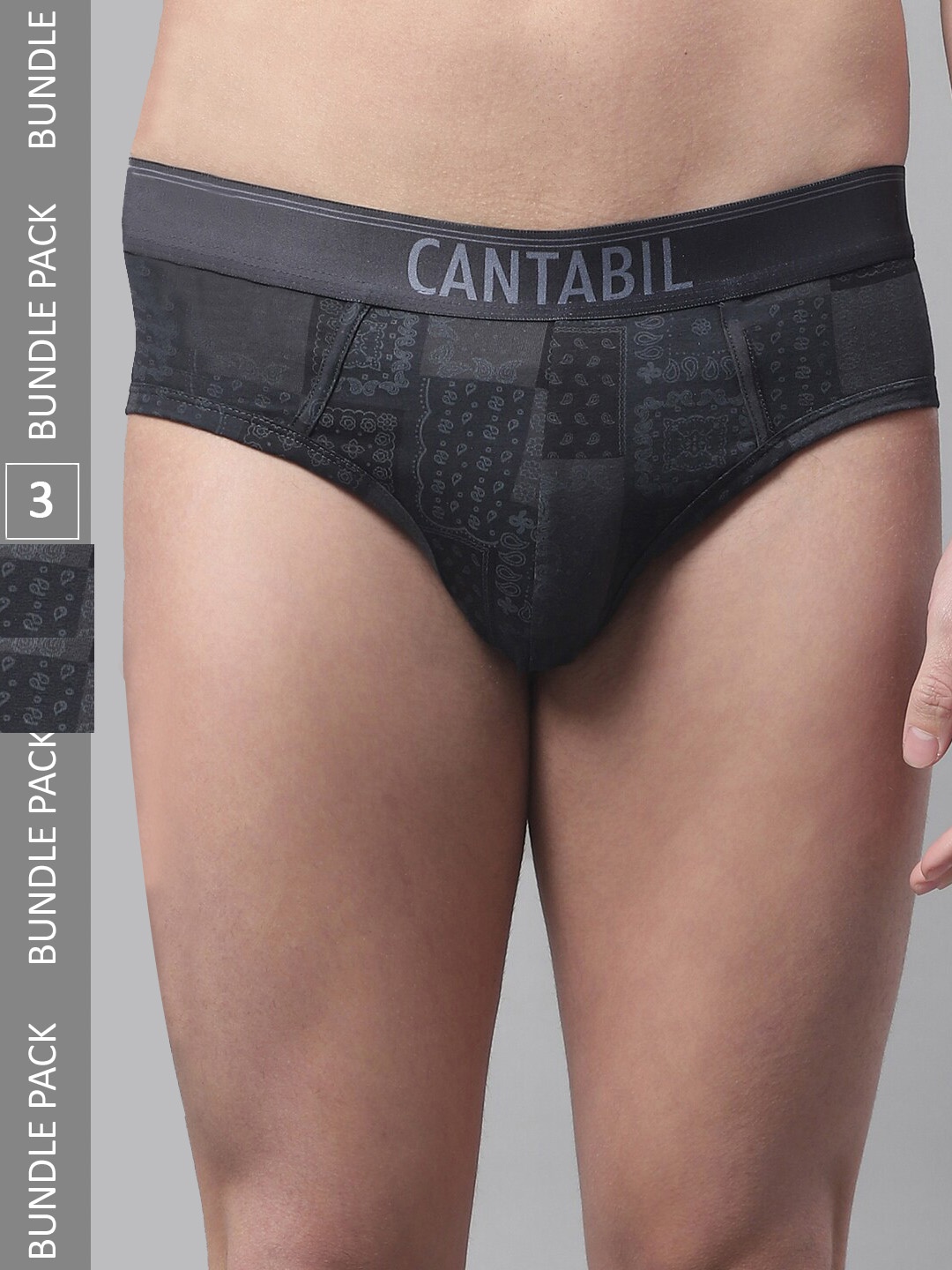 

Cantabil Men Pack Of 3 Low-Rise Printed Cotton Basic Briefs, Black
