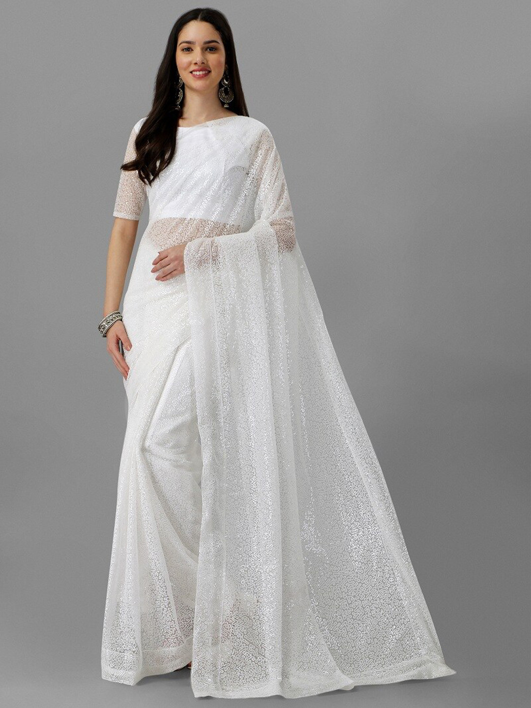 

YOYO Fashion Abstract Sequinned Net Saree, White