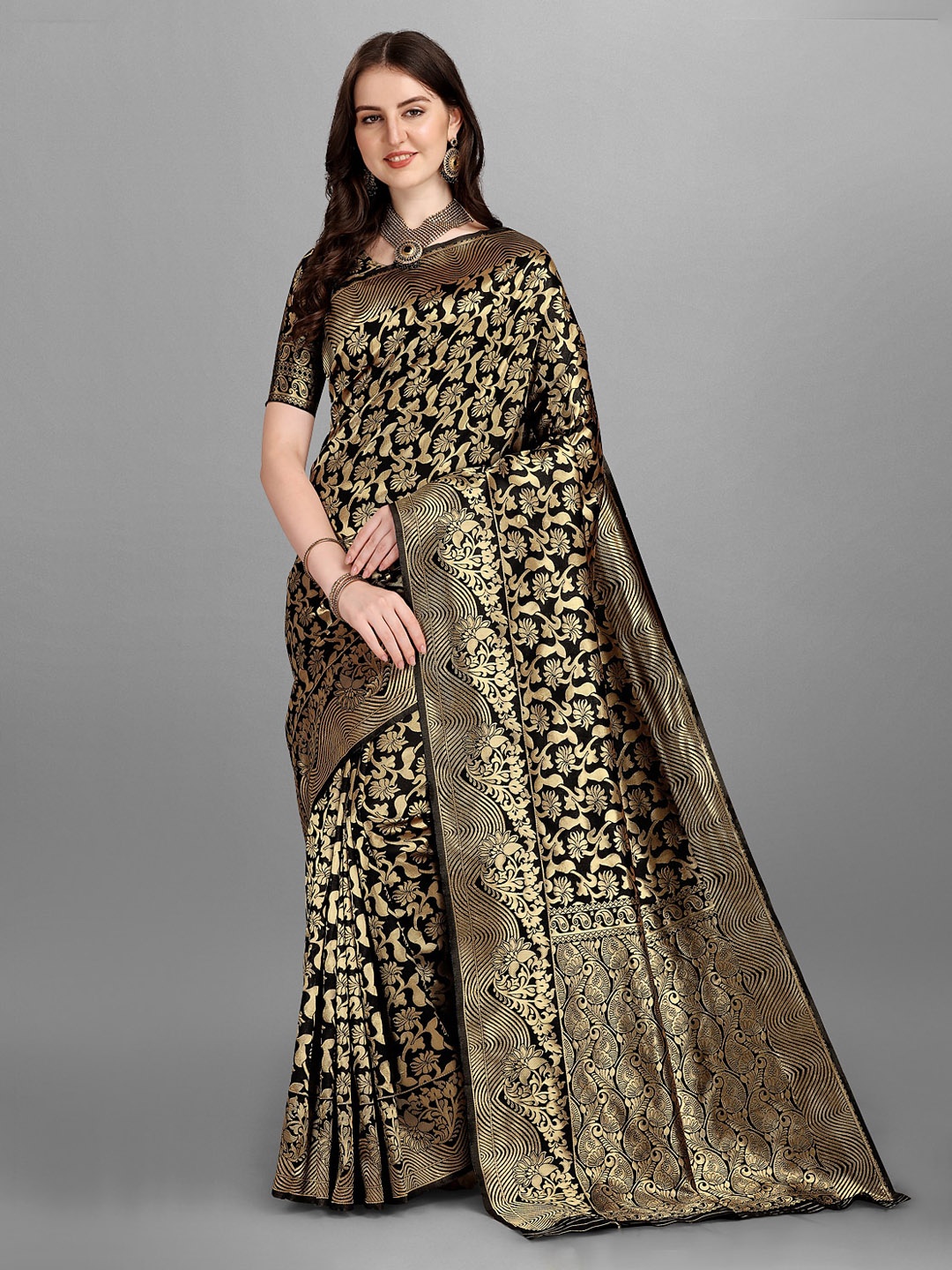 

YOYO Fashion Floral Woven Design Zari Jacquard Saree, Black
