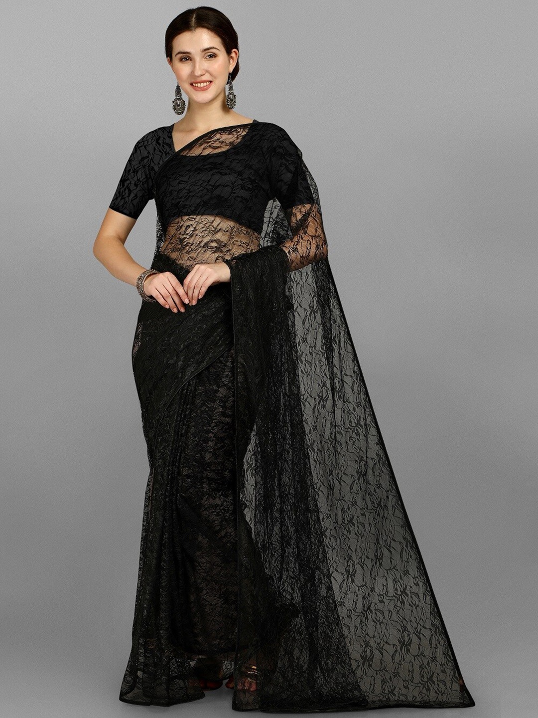 

YOYO Fashion Floral Net Saree, Black