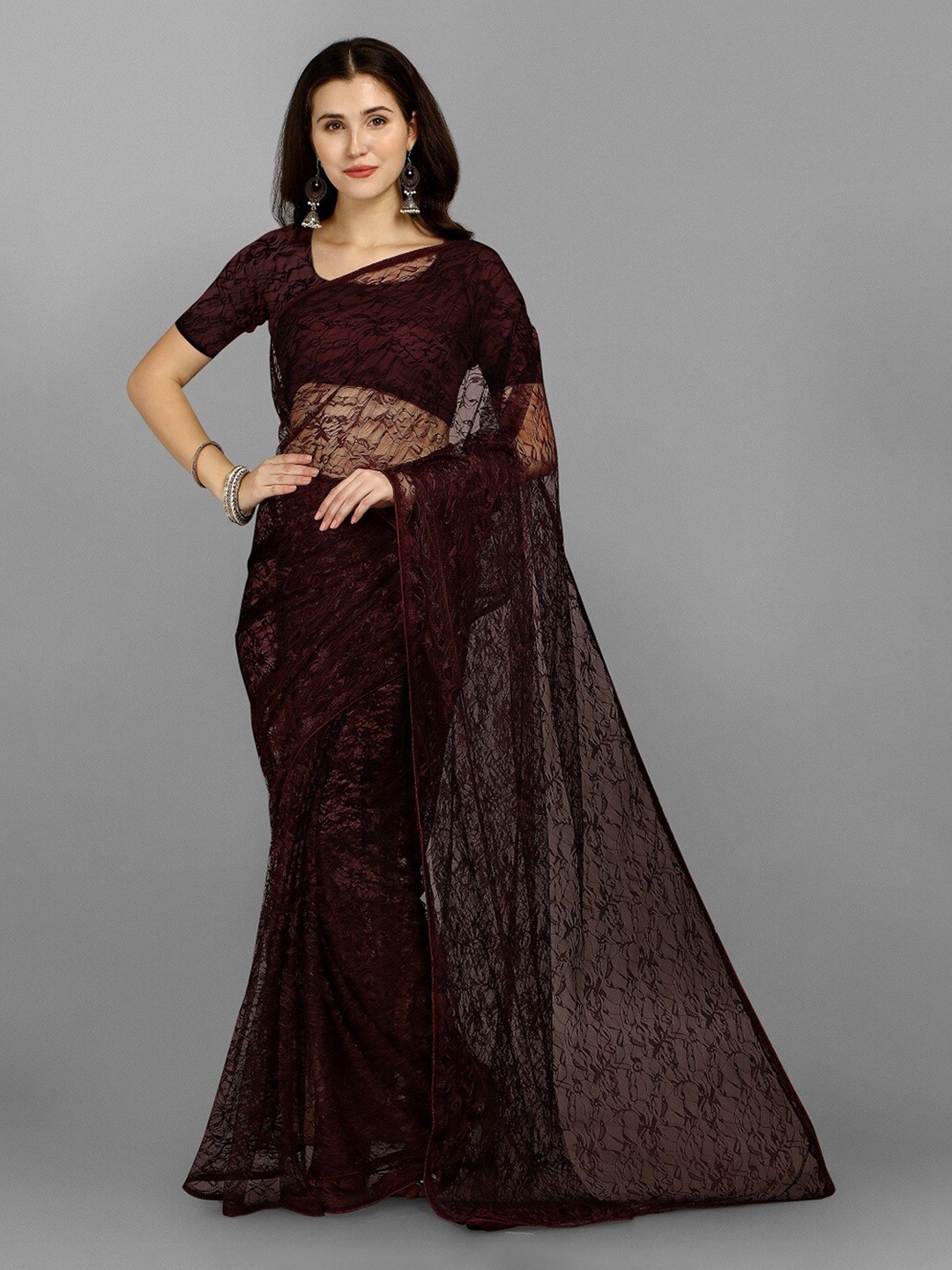 

YOYO Fashion Floral Embroidered Net Saree, Maroon