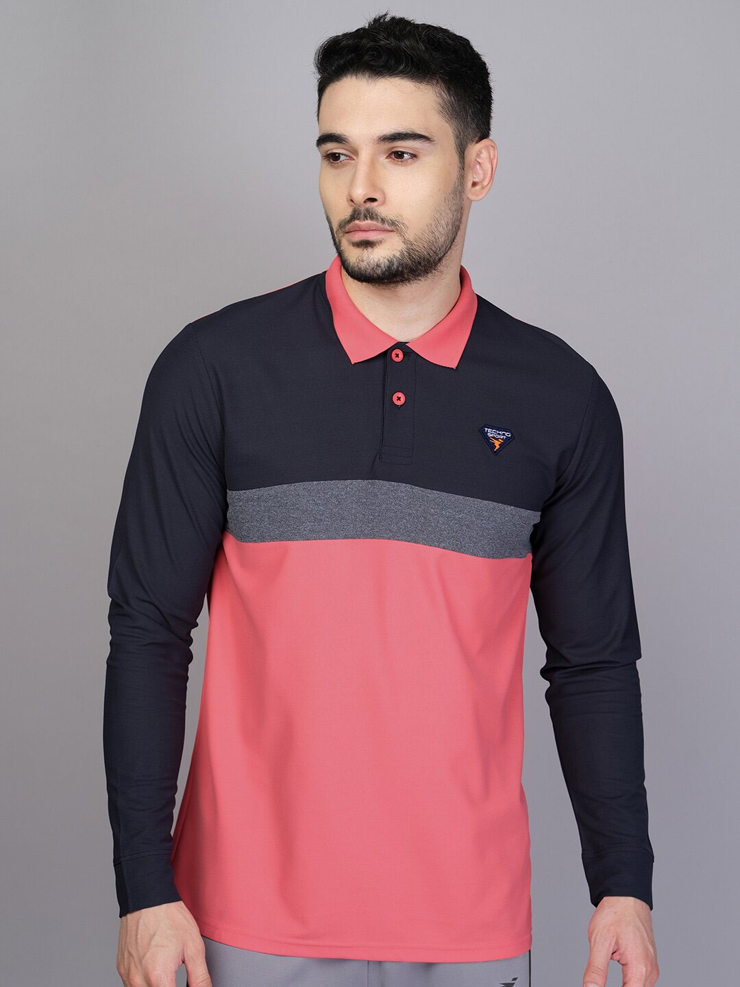 

Technosport Men Colourblocked Polo Collar Antimicrobial Full Sleeves T-shirt, Coral